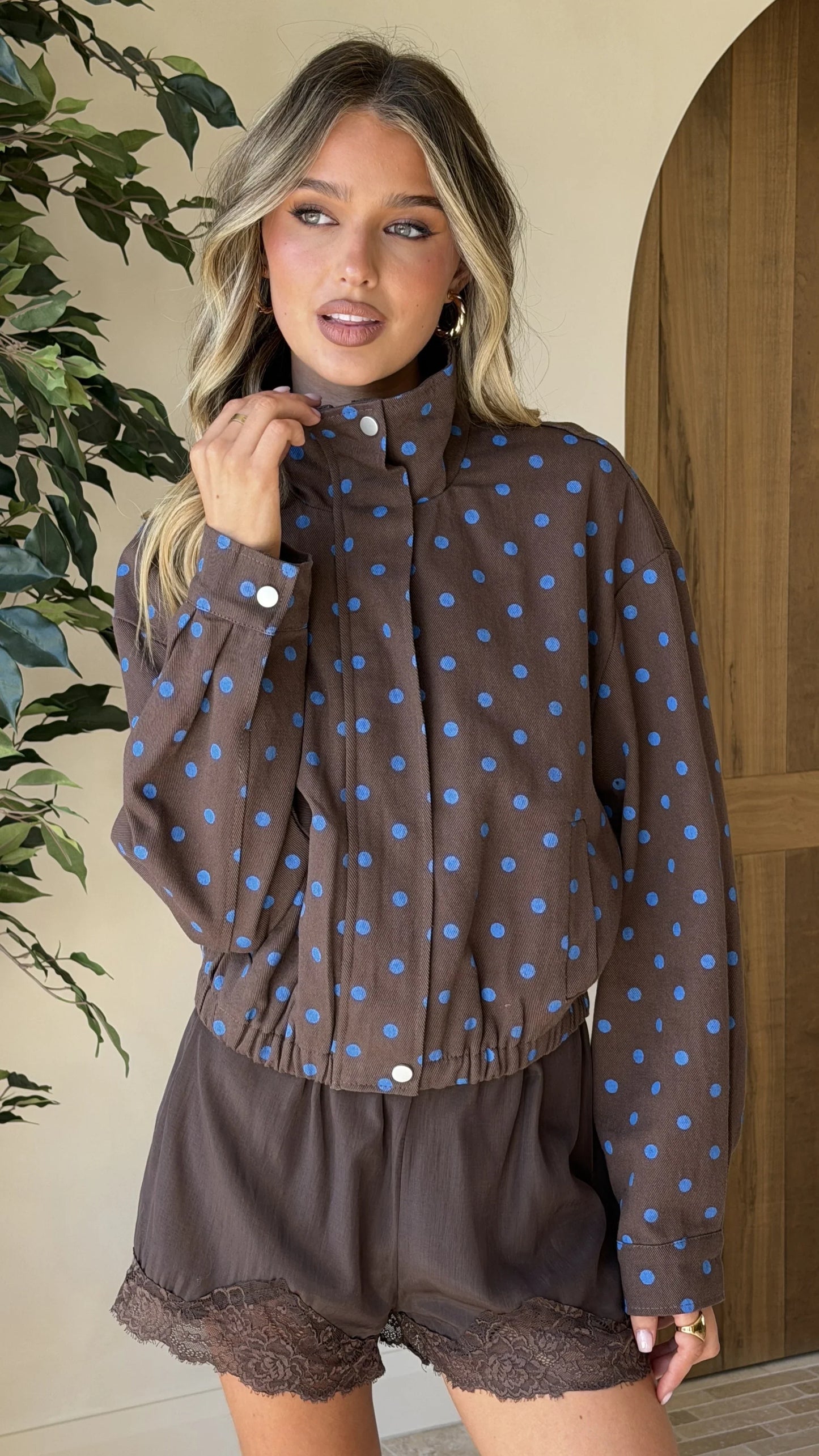 Nessie Funnel Neck Jacket Chocolate Blue Polka