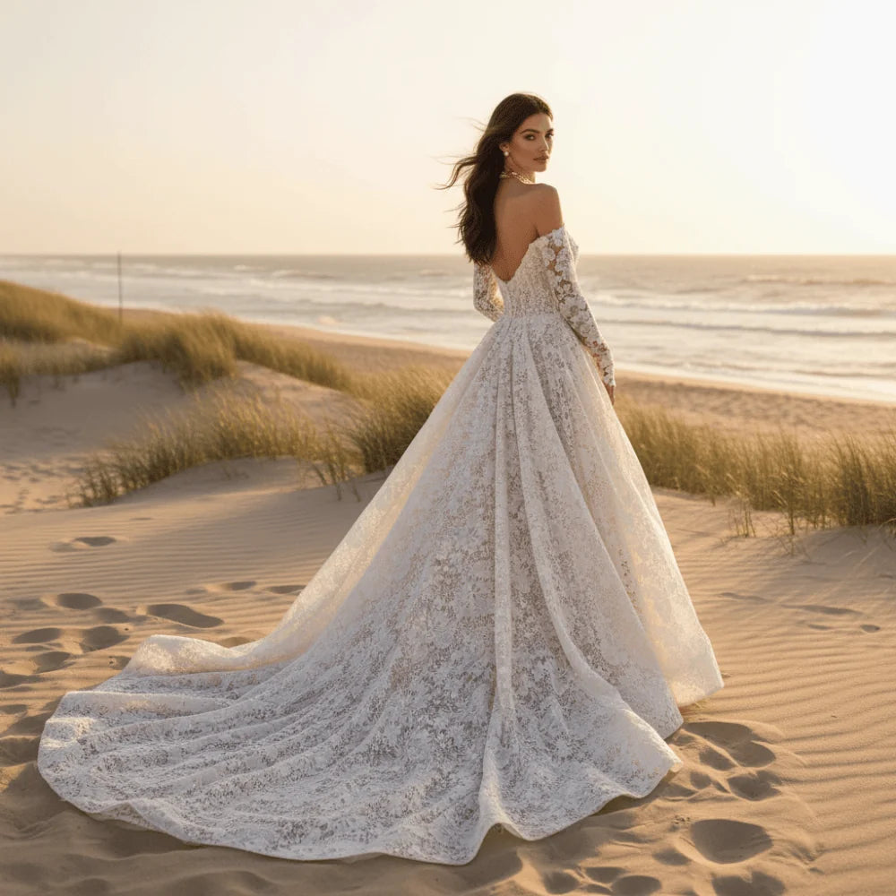 Romantic Off the Shoulder Floral Lace Ball Gown Wedding Dress
