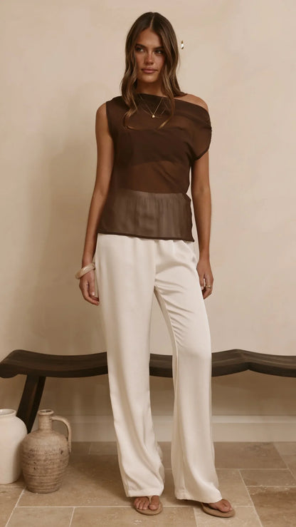 Zabella Sheer Off Shoulder Top Chocolate