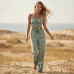 Seafoam Floral Crop Top Wide Leg Pants Set