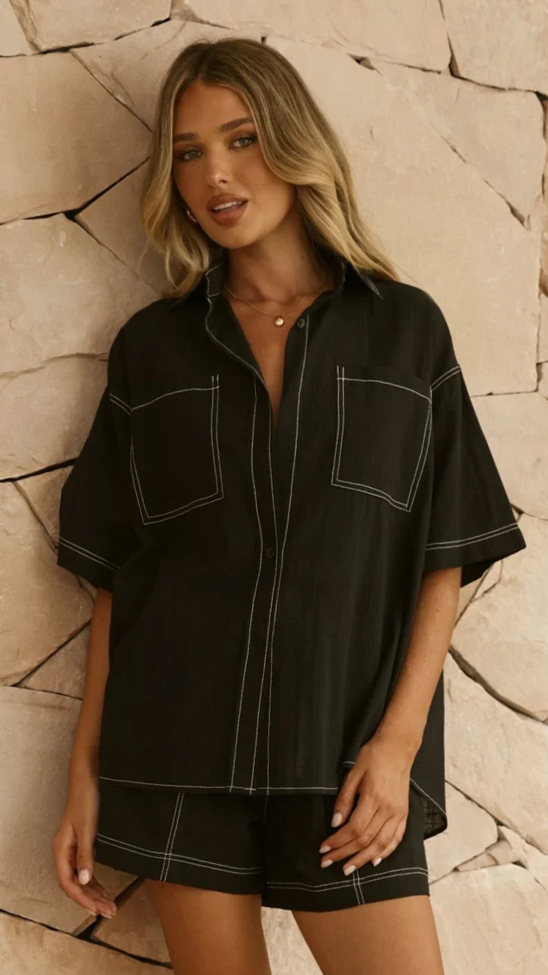 Sarafina Button Up Shirt and Shorts Set Black