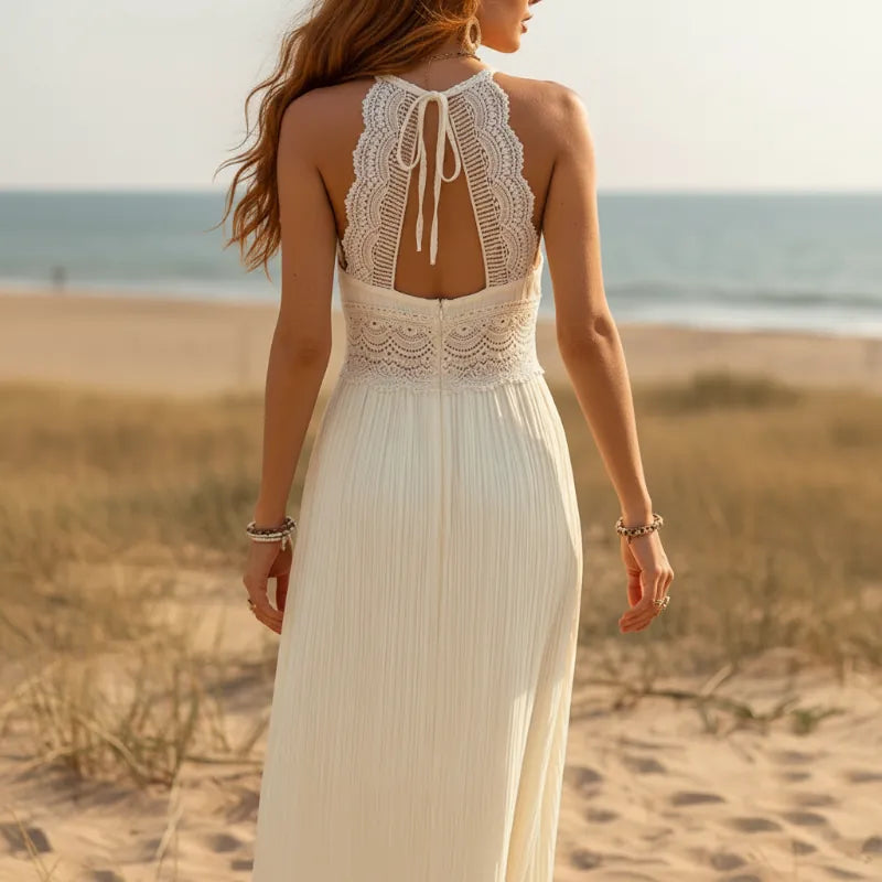White Lace Open Back Maxi Dress