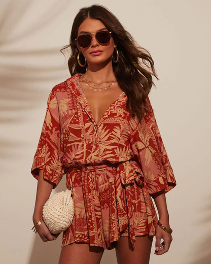 Out And About Printed Waist Tie Romper