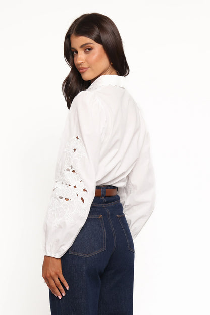 Aeloria Button Front Shirt White Embroidery