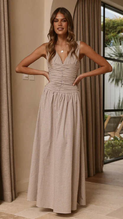 Sanya Maxi Dress Beige Check