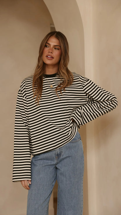 Solana Long Sleeve Top Black White Stripe