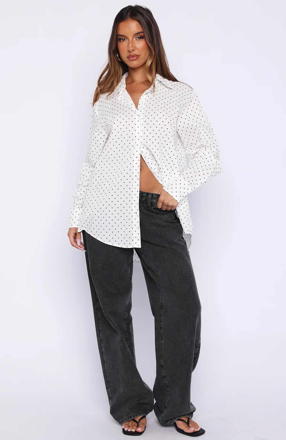 Always About Us Button Up Shirt White Polka Dot