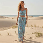 Light Blue Floral Crop Top Wide Leg Pants Set
