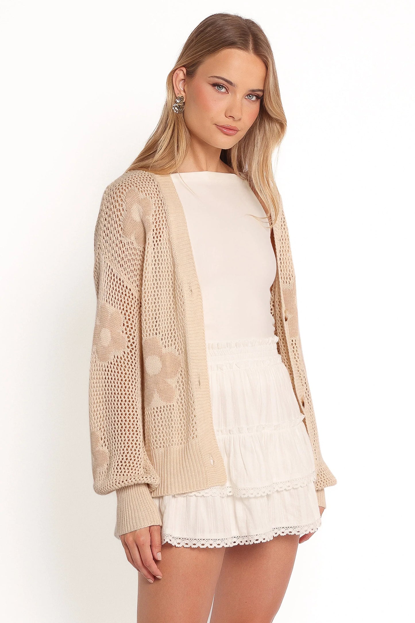 Winslow Open Knit Flower Cardigan Tan
