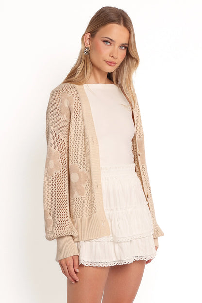 Winslow Open Knit Flower Cardigan Tan
