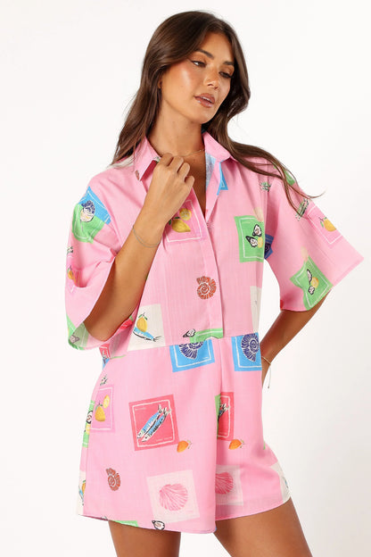 Kellie Romper Pink Stamp Print