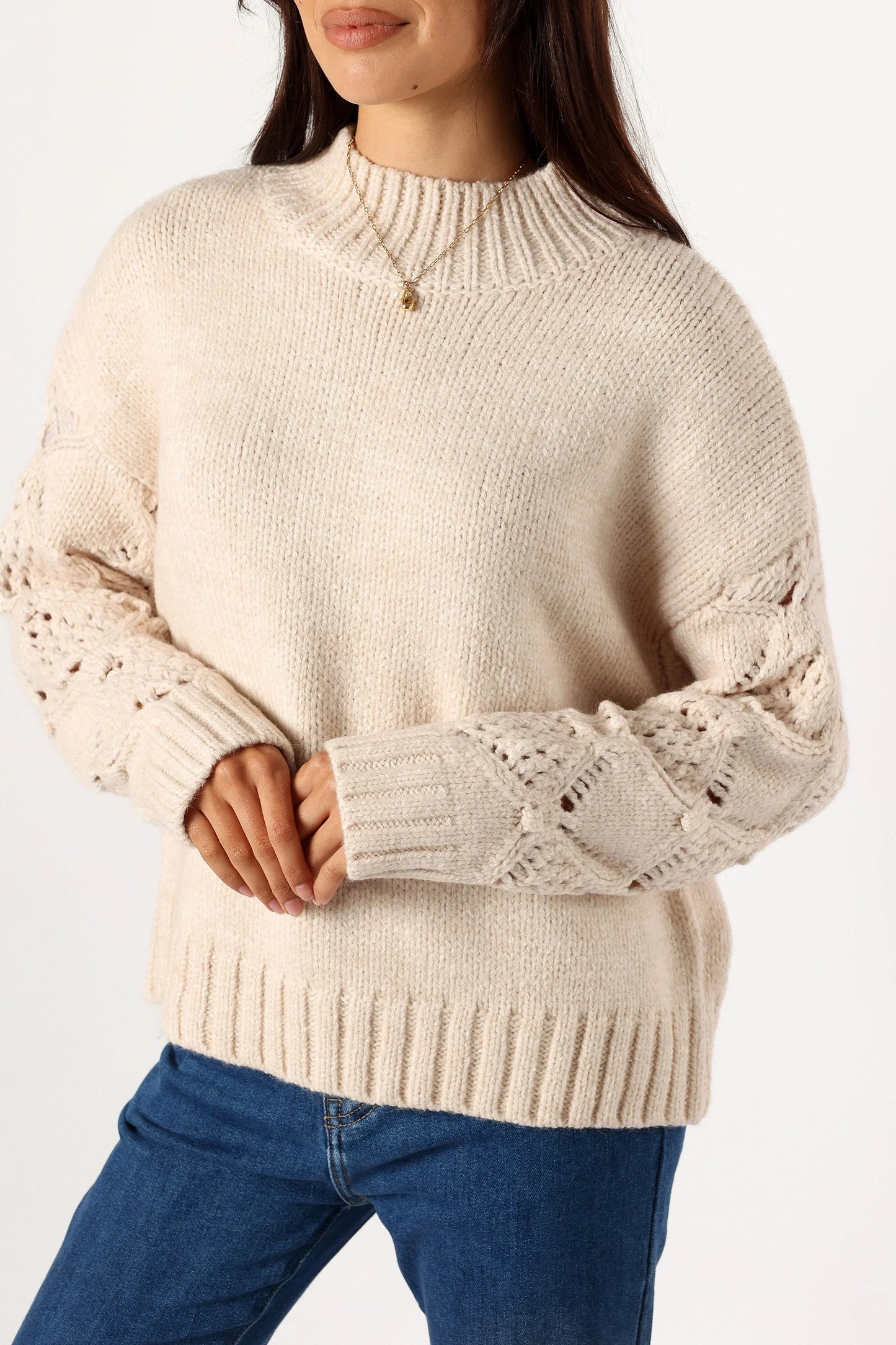 Rebekah Crochet Sleeve Knit Sweater Cream