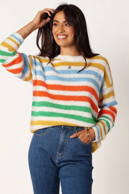 Sasha Multi Stripe Crewneck Knit Sweater Multi