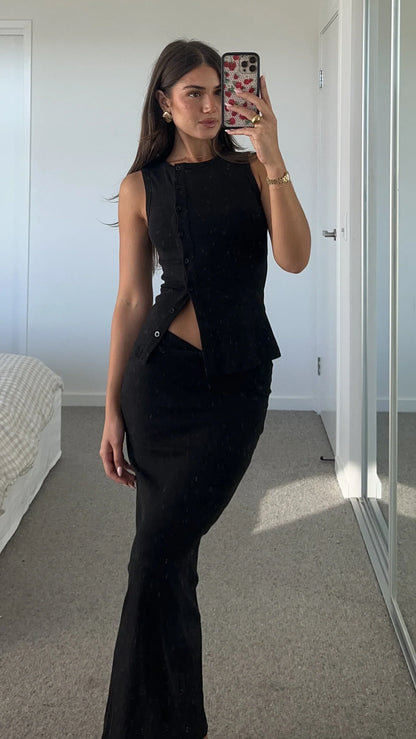 Rahela Button Top and Maxi Skirt Set Black