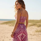 Pink Boho Floral Crop Top Wide Leg Pants Set