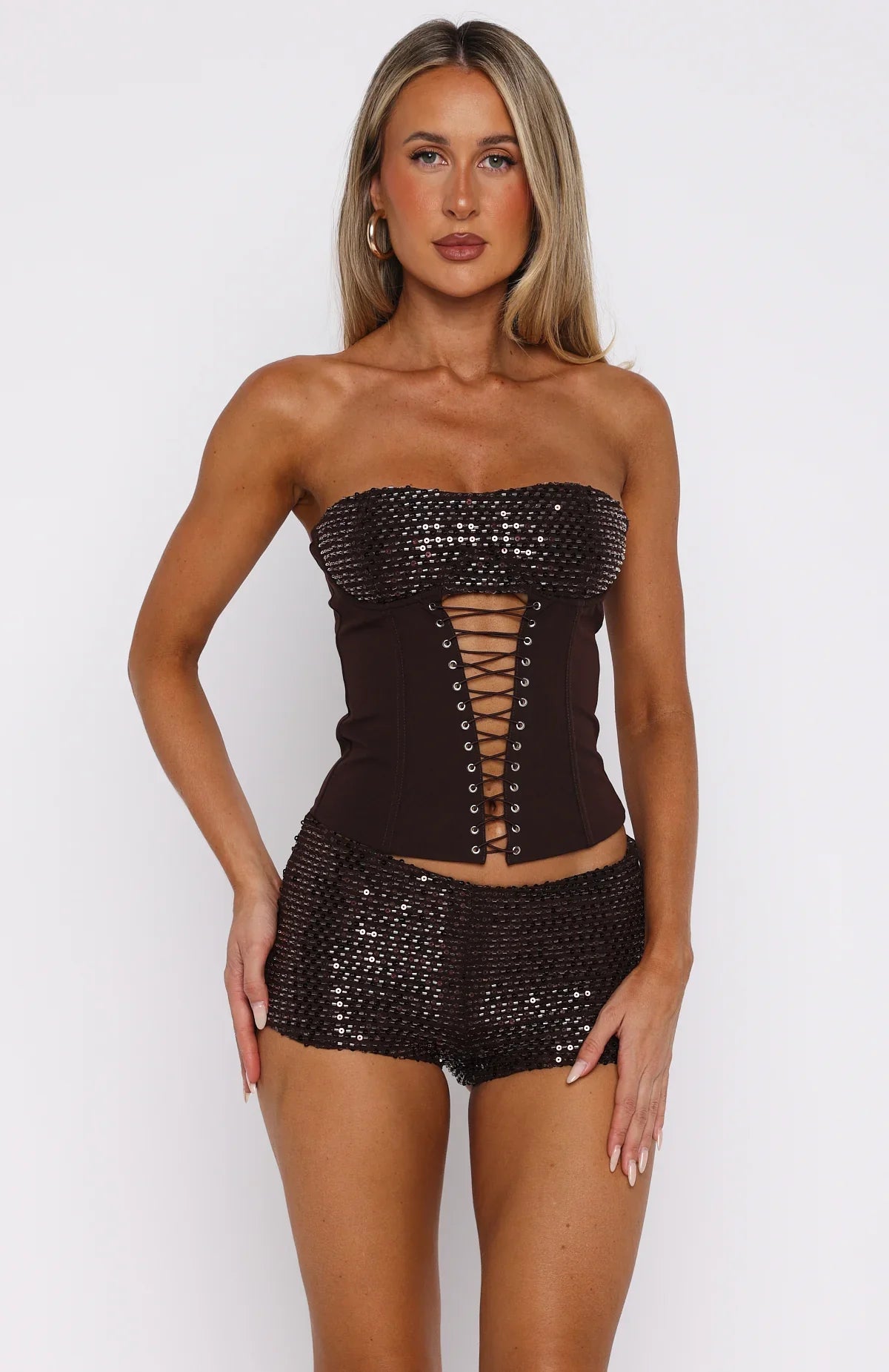The Glitterati Beaded Mini Shorts Chocolate