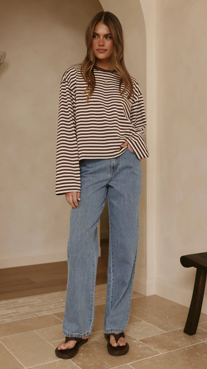 Solana Long Sleeve Top Choc White Stripe