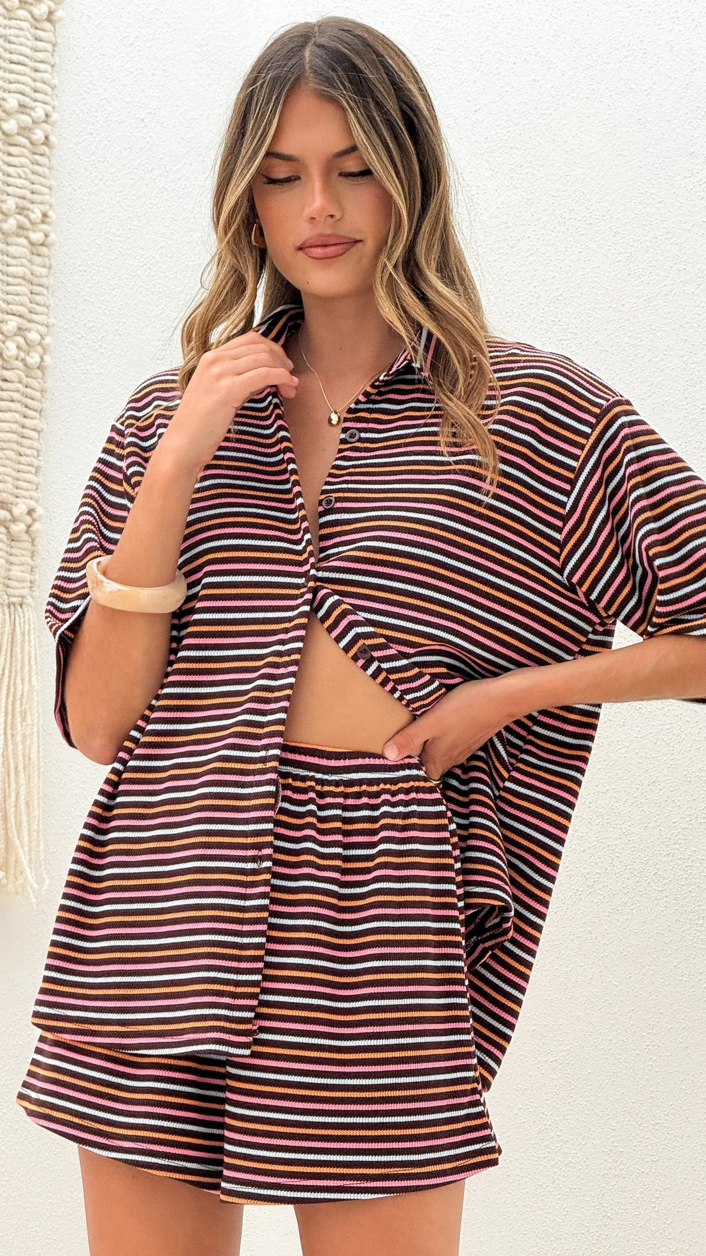 Tali Button Up Shirt and Shorts Set Brown Blue Stripe