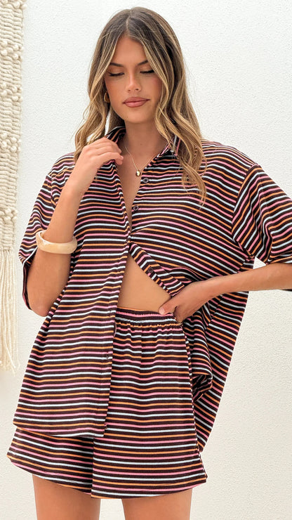 Tali Button Up Shirt and Shorts Set Brown Blue Stripe