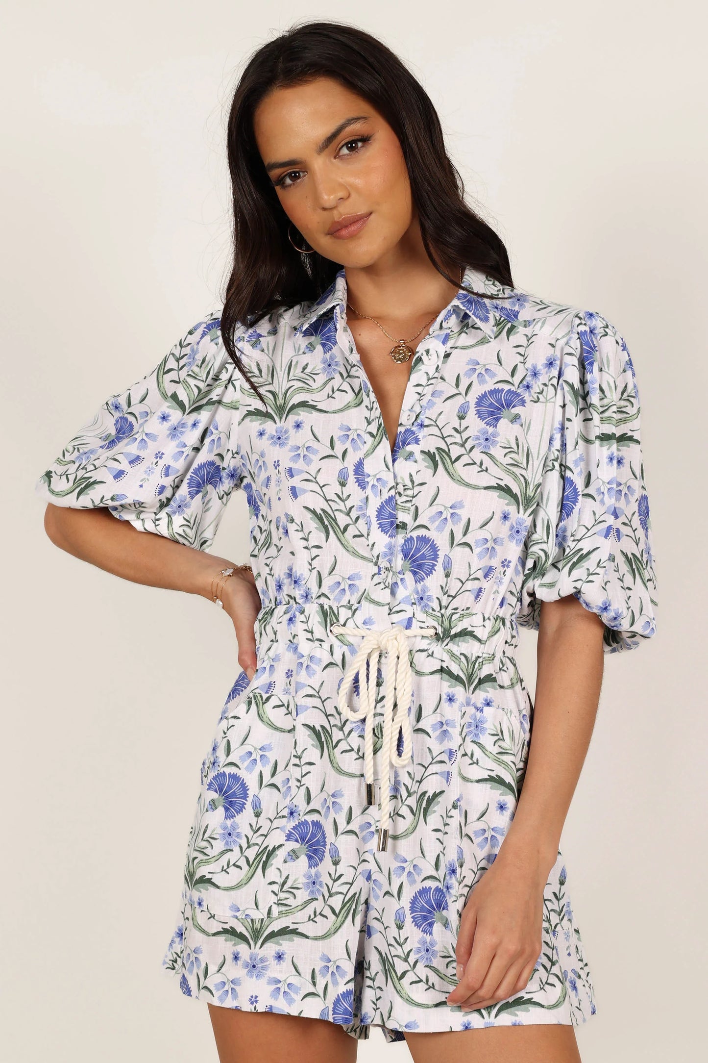 Annie Linen Romper Blue Floral