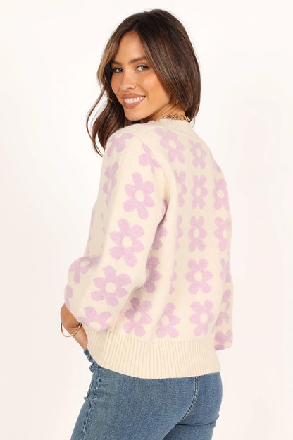 Remi Vneck Flower Knit Sweater Lilac