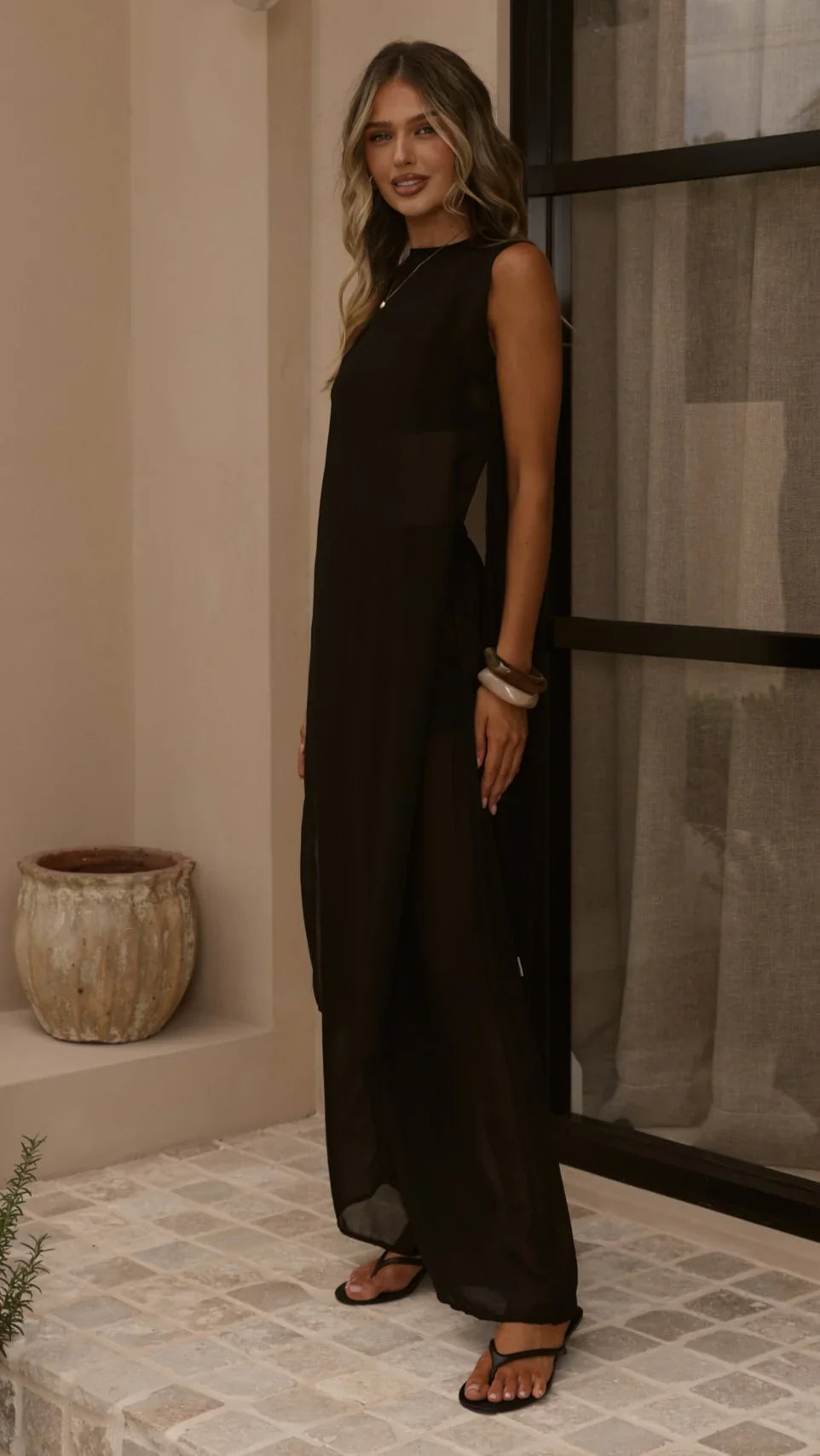 Zaire Long Line Sheer Top and Pants Set Black