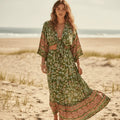 Green Floral Kimono Crop Top Maxi Skirt Set