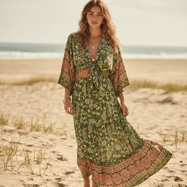 Green Floral Kimono Crop Top Maxi Skirt Set