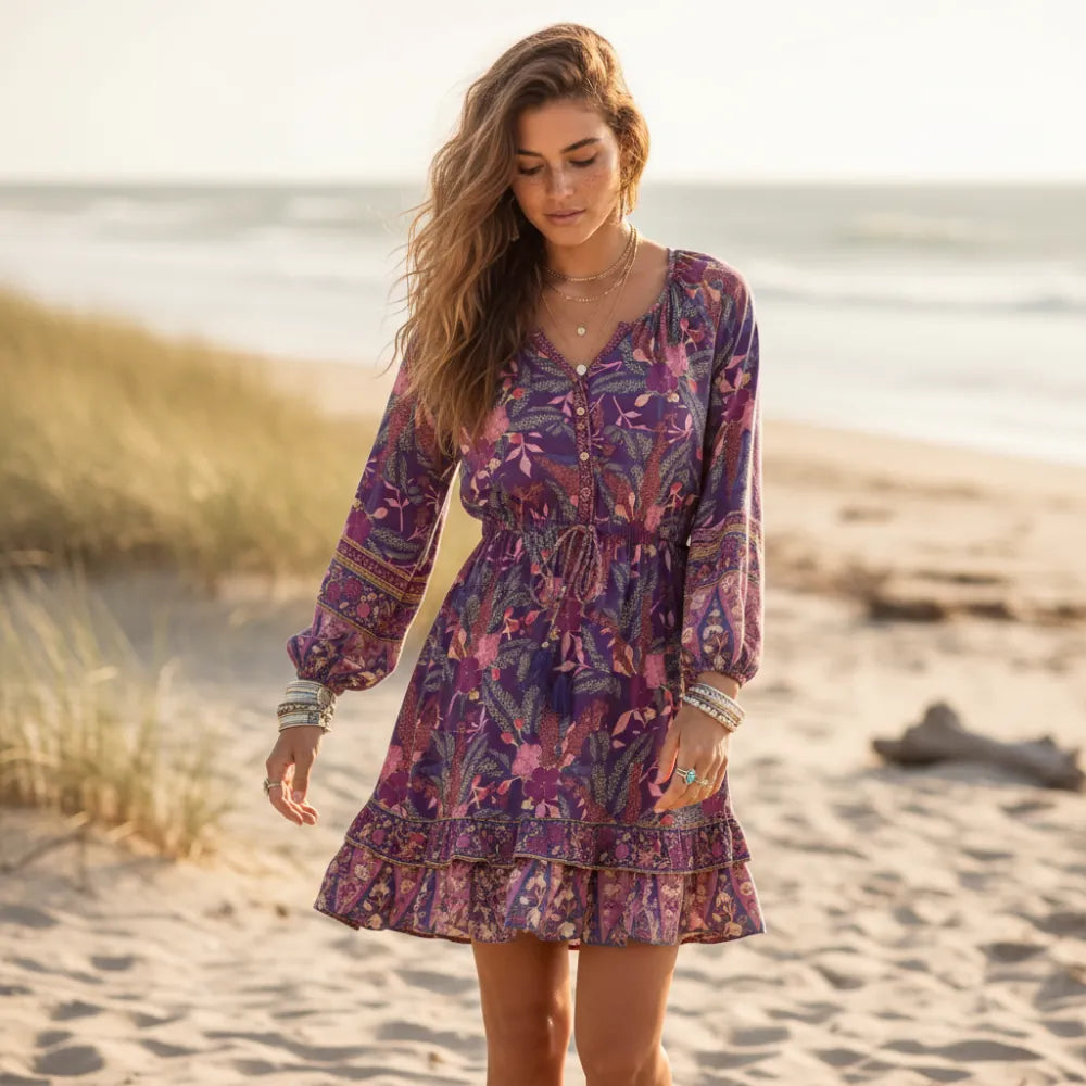 Floral Long Sleeve Mini Dress with Ruffle Hem