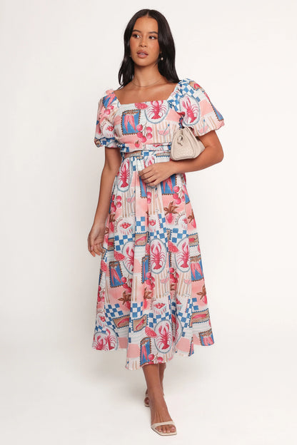 Clo Puff Sleeve Midi Dress Pink Blue