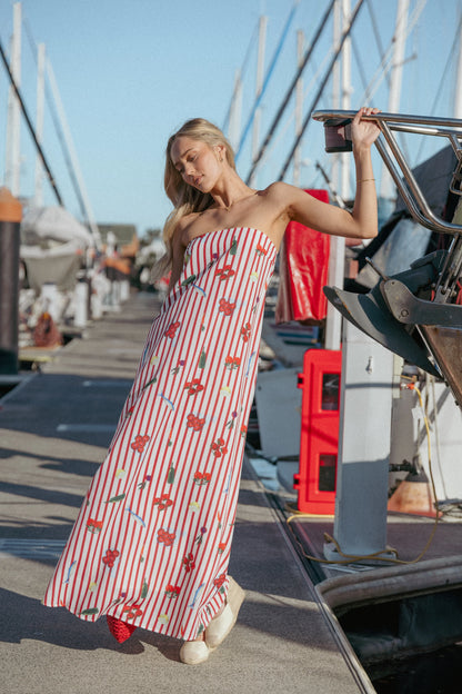 Soph Strapless Maxi Dress Red Picnic Stripe