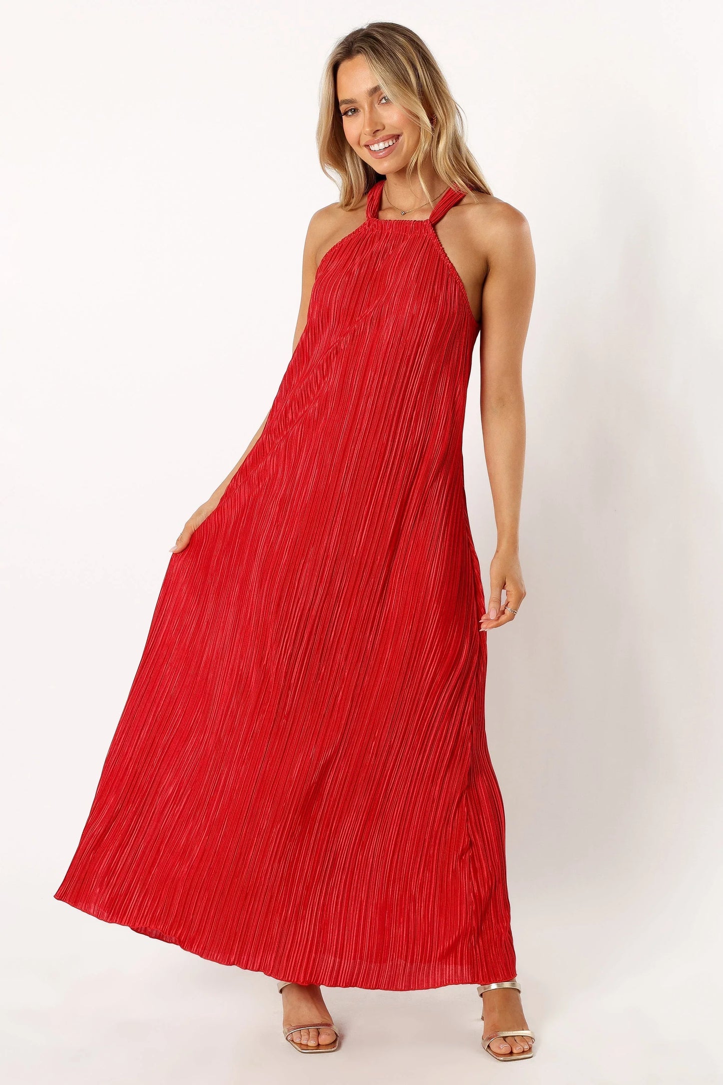 Melody Plisse Halter Maxi Dress Red