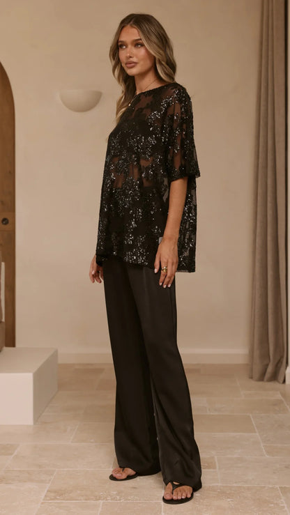 Arlo Oversized Sequin Top Black Floral