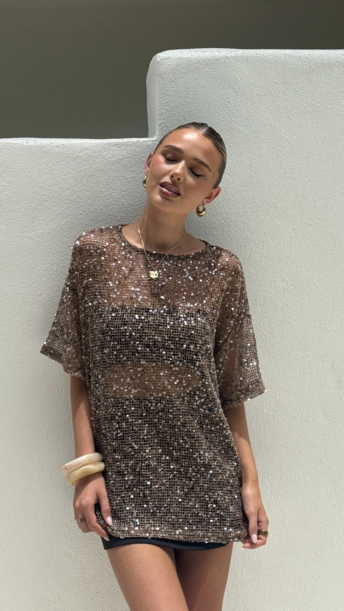 Zinnia Oversized Sequins Tee Mocha