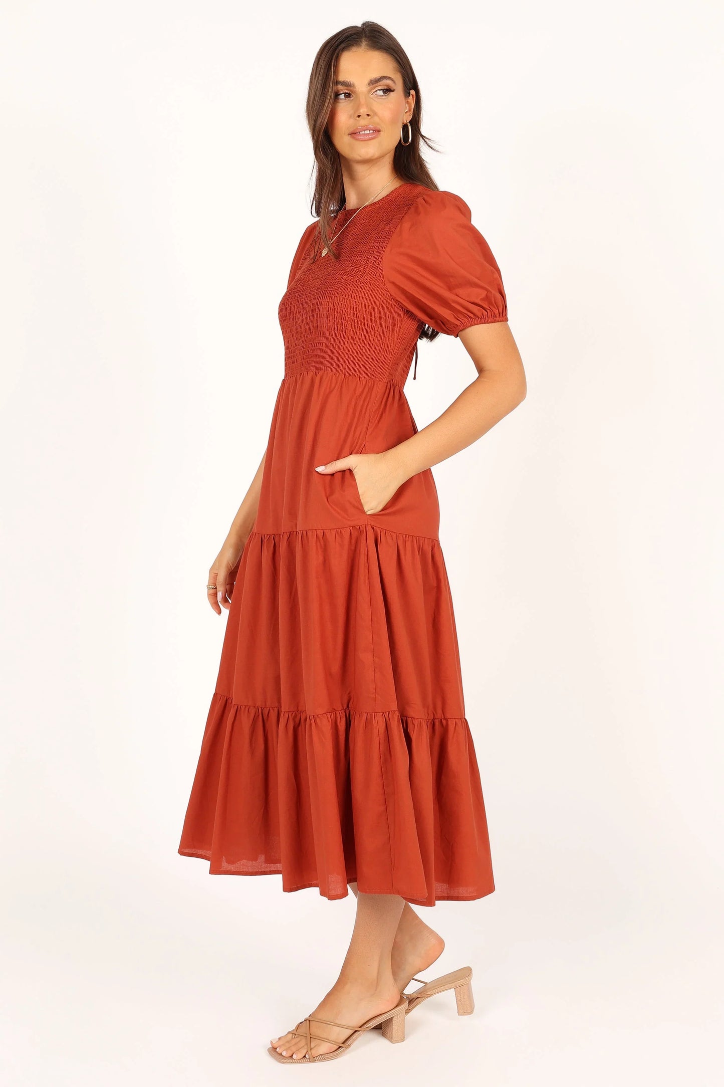 Naura Shirred Tiered Midi Dress Rust
