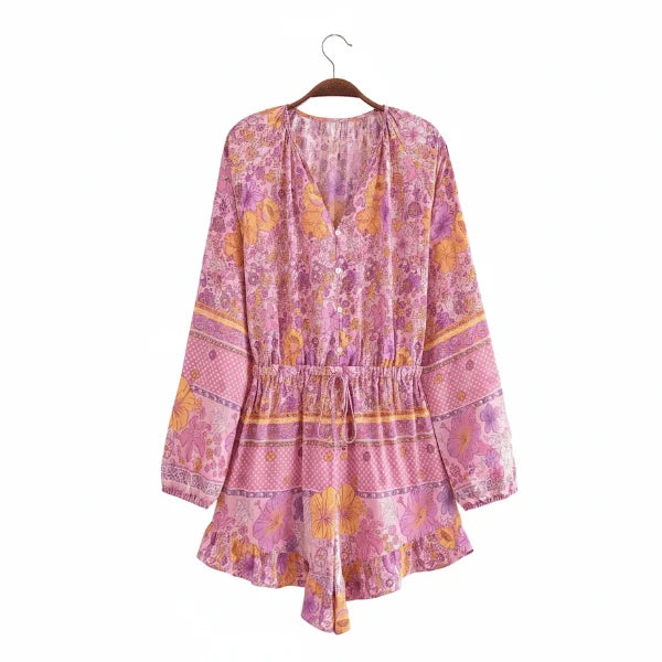 Boho Pink Wildflower Floral Romper with Long Sleeves