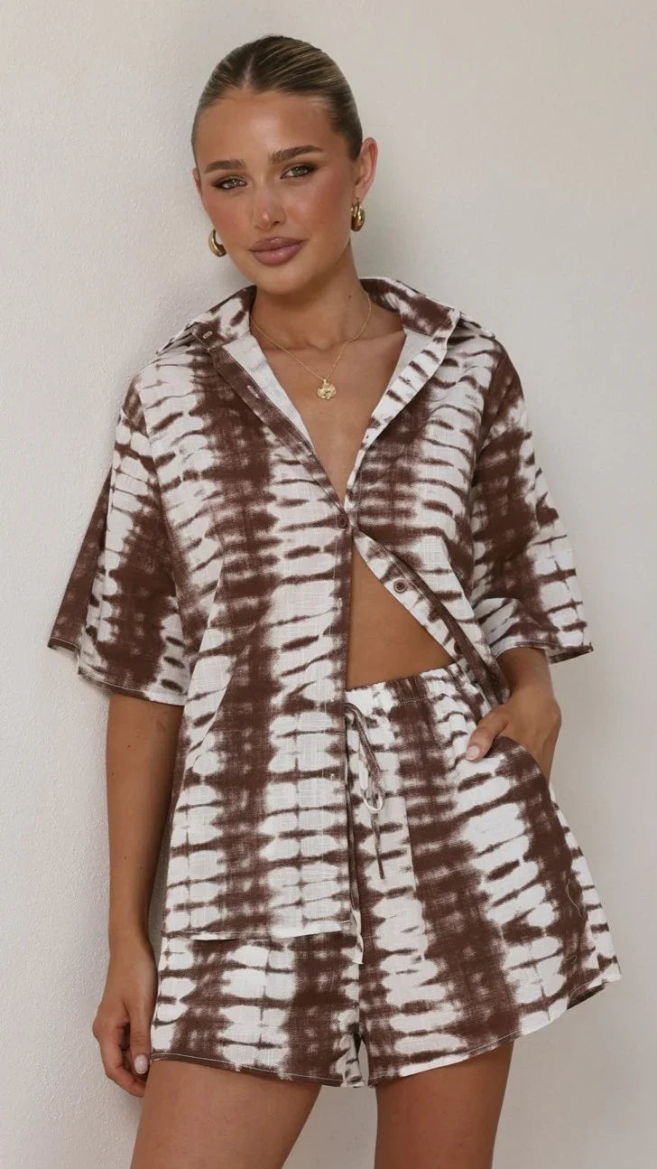 Ravenna Button Up Shirt and Shorts Set Chocolate Tie Dye