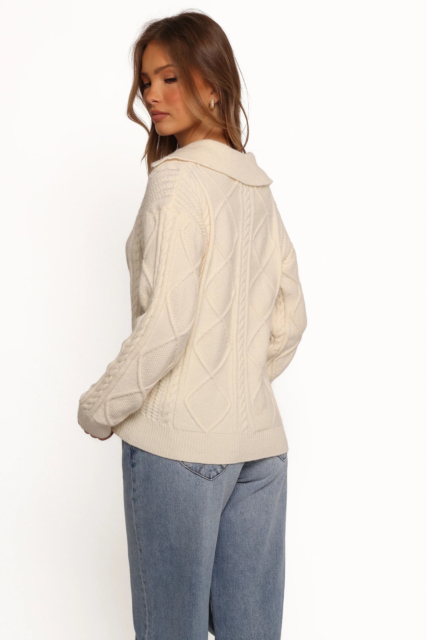 Robbie Collar Neck Cable Knit Sweater Cream