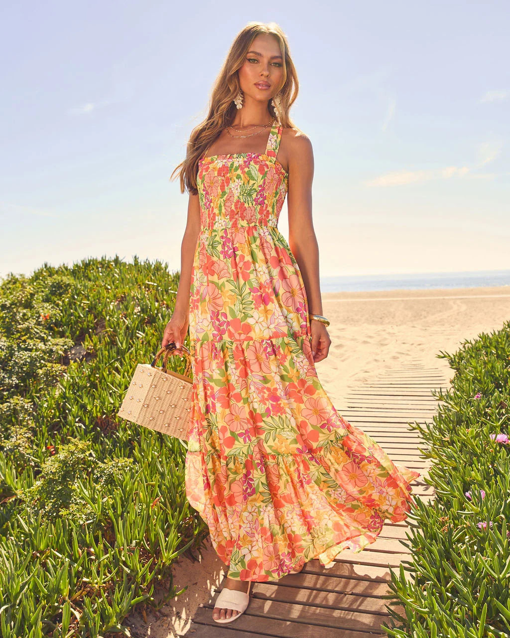 Island Light Embellished Straw Basket Tote