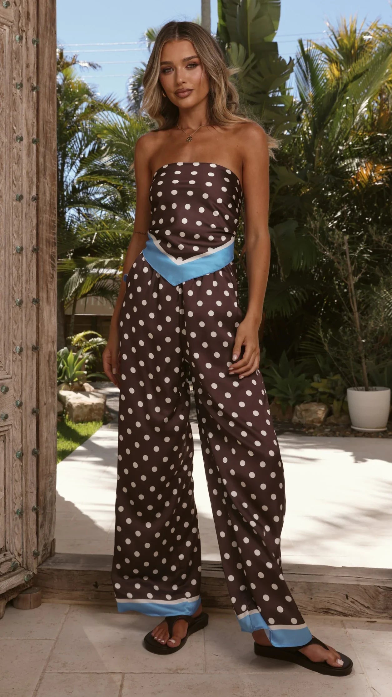 Harley Scarf Top and Pants Set Brown Polka