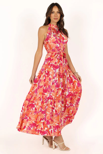 Caroline Maxi Halter Dress Red Orange