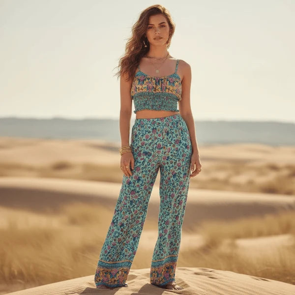 Turquoise Floral Ruffle Crop Top Flowy Pants Set