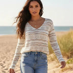 Boho Striped Open Knit V Neck Sweater
