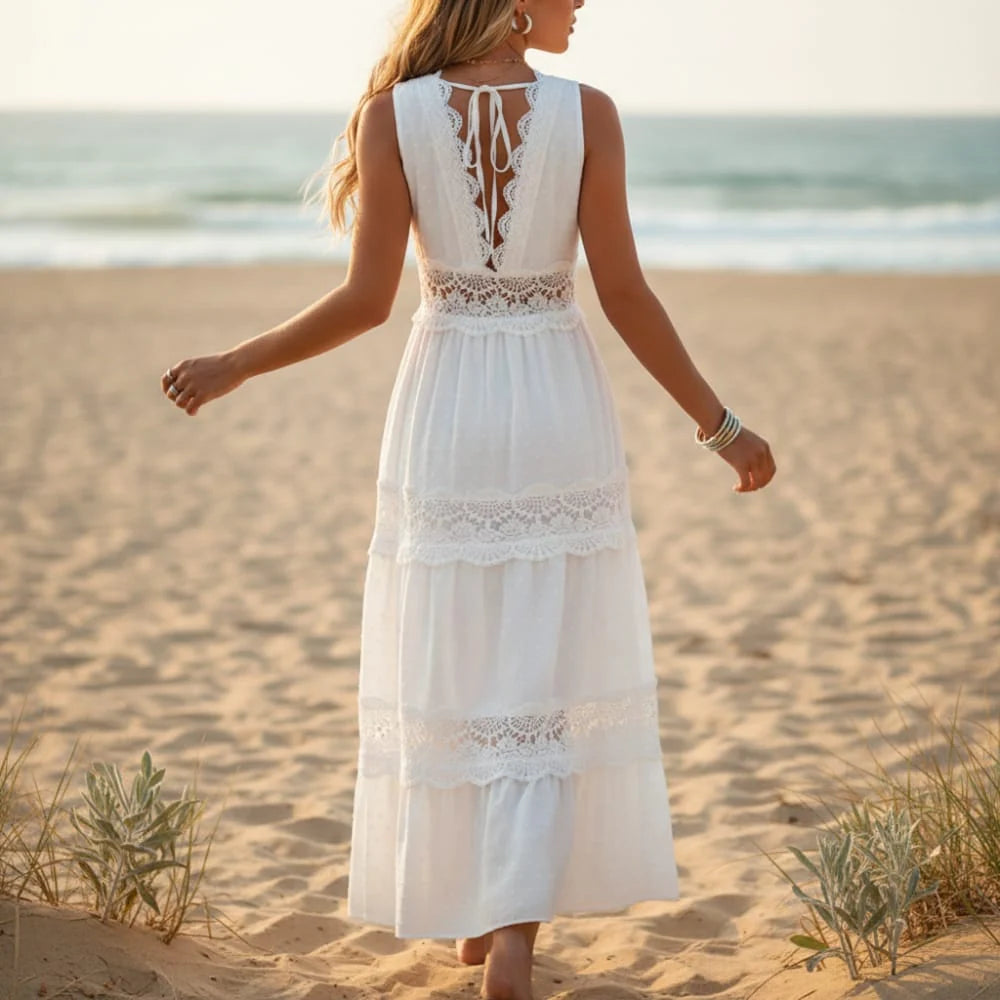 Boho Elegant White Lace Maxi Dress