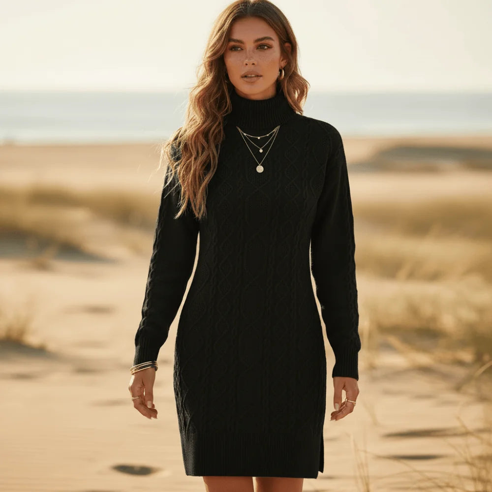 Boho Turtleneck Cable Knit Sweater Dress