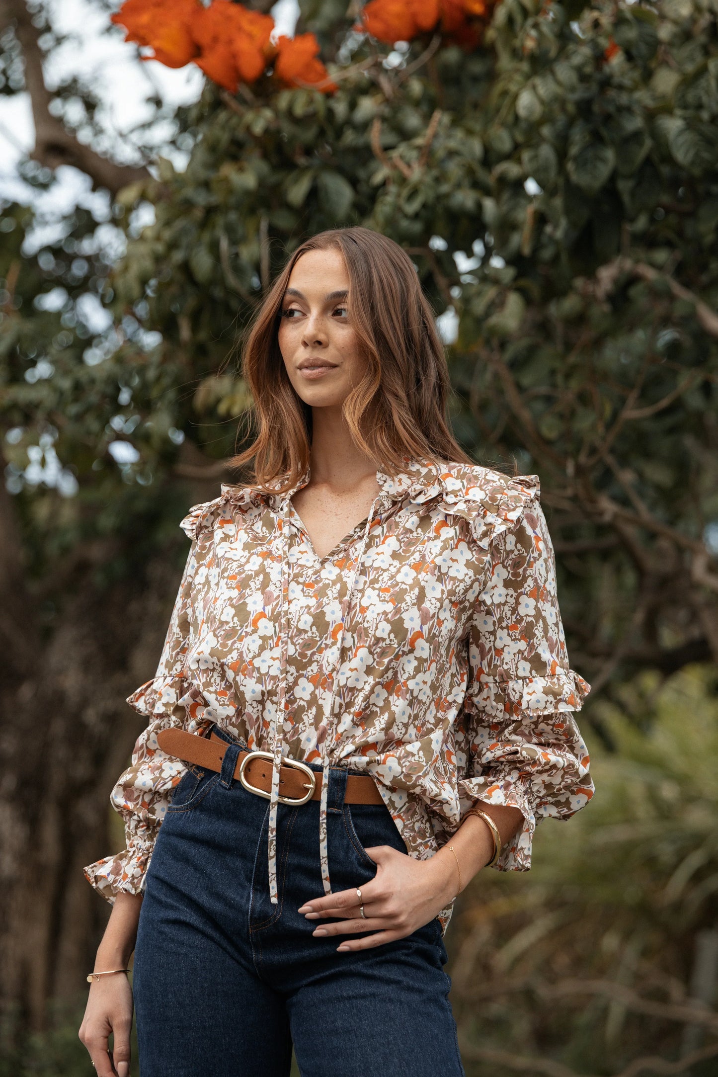 Selmah Long Sleeve Top Cream Olive Orange
