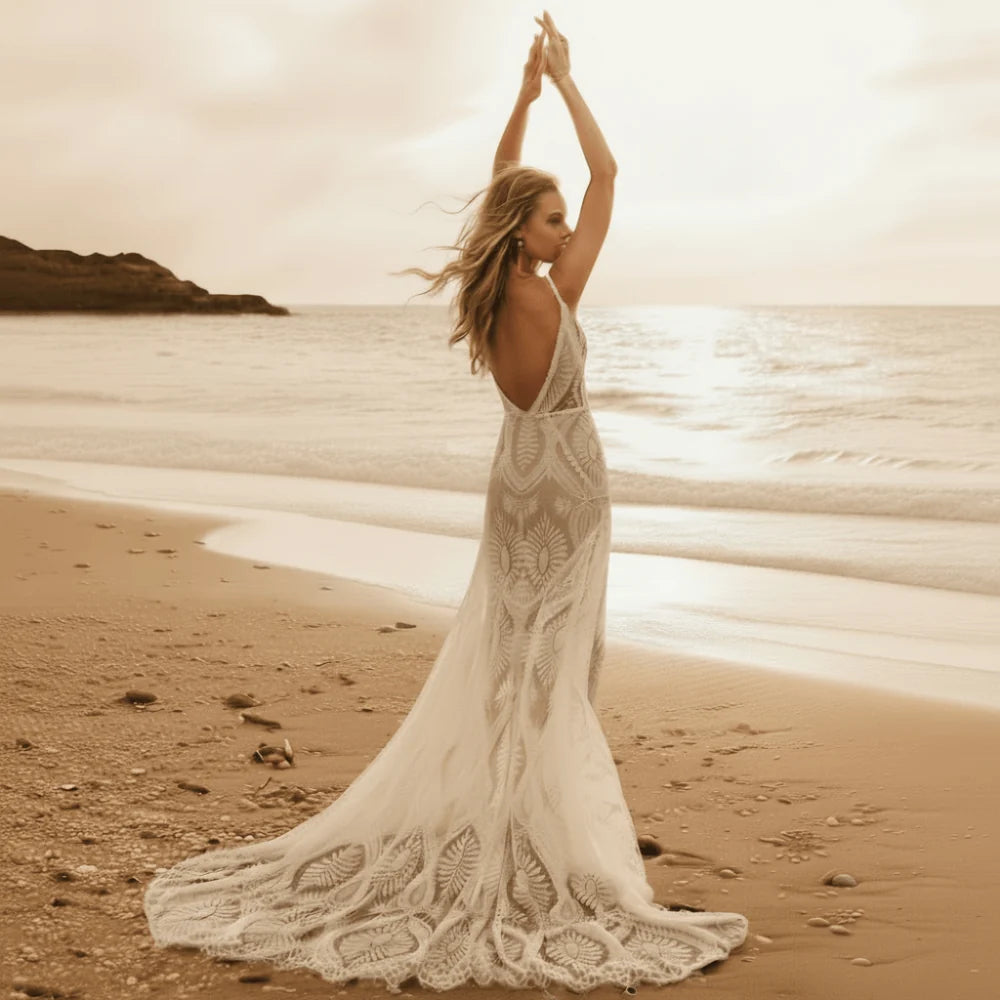 Boho Sweetheart Lace A Line Wedding Dress
