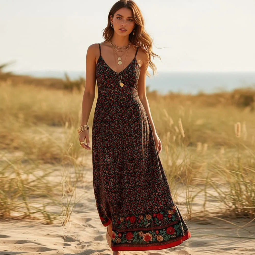 Floral Spaghetti Strap Backless Maxi Dress