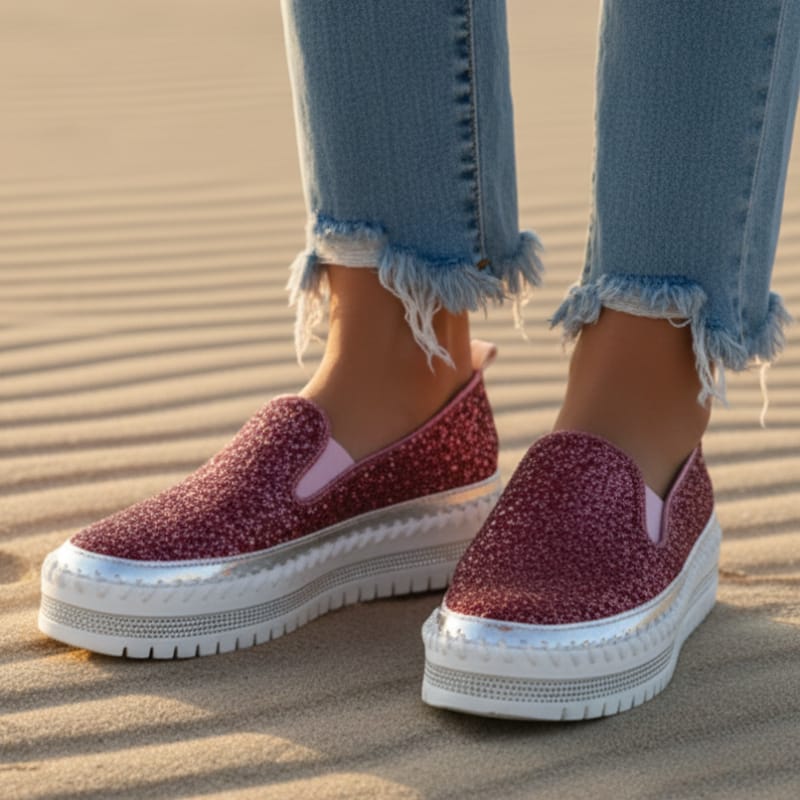 Sequined Platform Slip On Flats
