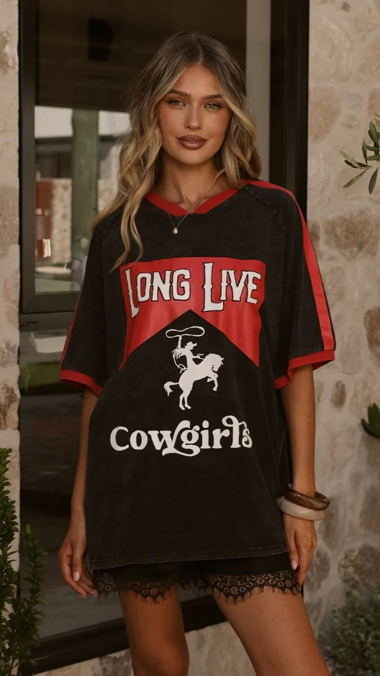 Long Live Cowgirls Oversized Tee Black Red